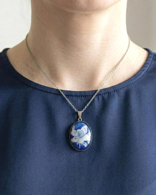 Japanese Cobalt Floral Porcelain Pendant Necklace