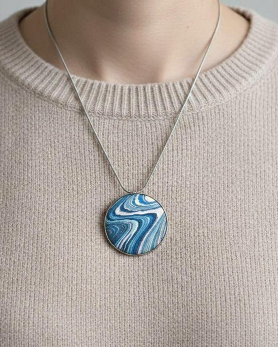 Aizome Suminagashi Brooch Pendant