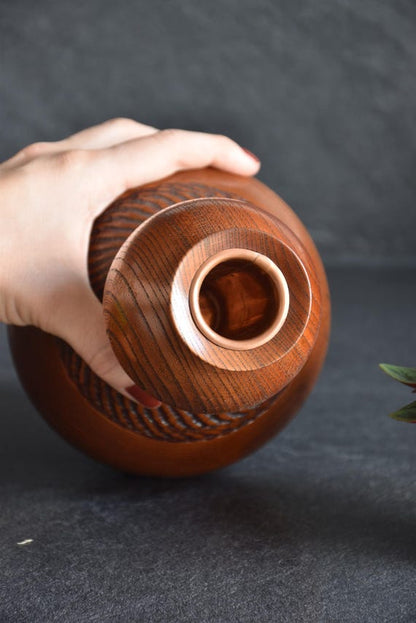 Japanese Keyaki Wood Vase With Copper Flower Insert