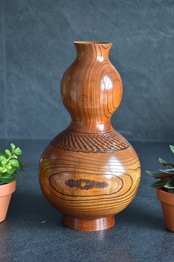 Japanese Keyaki Wood Vase With Copper Flower Insert