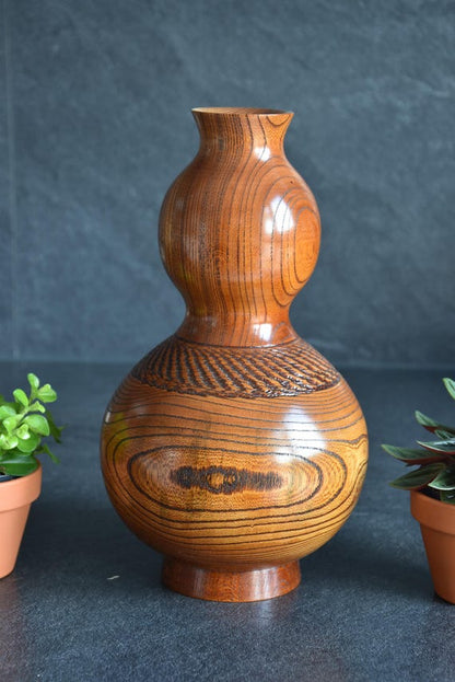 Japanese Keyaki Wood Vase With Copper Flower Insert