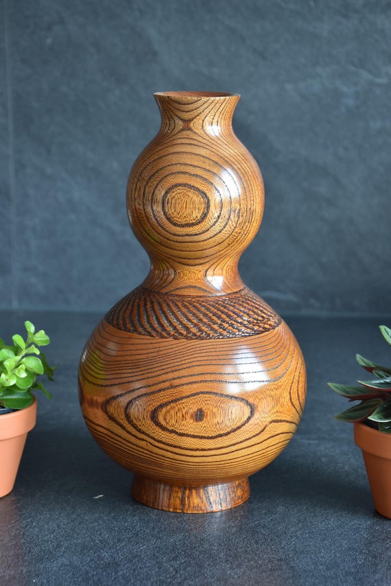 Japanese Keyaki Wood Vase With Copper Flower Insert