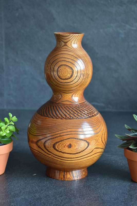 Japanese Keyaki Wood Vase With Copper Flower Insert