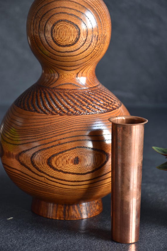 Japanese Keyaki Wood Vase With Copper Flower Insert
