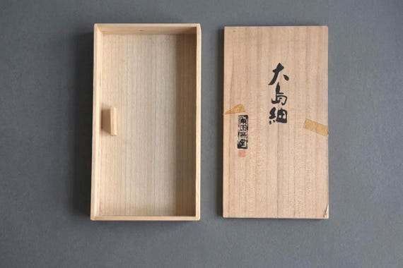 Oshima Tsumugi Kimono Bag empty original paulownia wood storage box with Japanese calligraphy