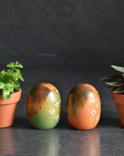 Usaburo Creative Kokeshi Pair angled view showcasing the painted floral details