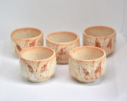 Set of 5 Mino region Shino ware ceramic guinomi sake cups grouped on a white background