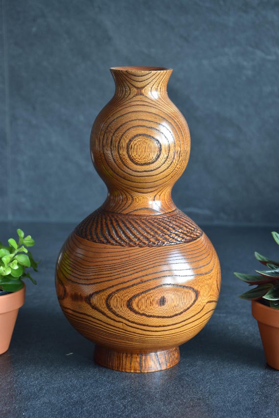 Japanese Keyaki Wood Vase With Copper Flower Insert