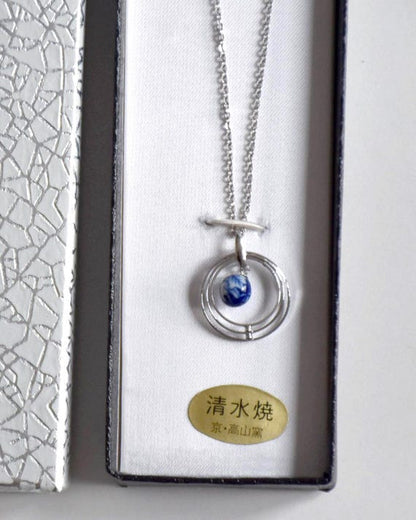 Kiyomizu-yaki Blue Floral Pendant Necklace with traditional Kyoto porcelain bead