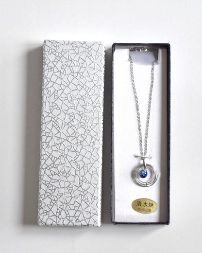 Kiyomizu-yaki Blue Floral Pendant Necklace displayed inside its original gift box