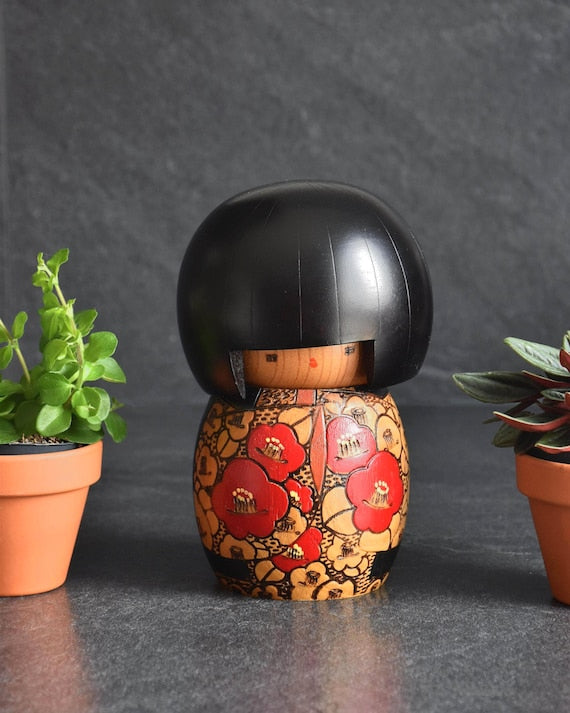 Creative Kokeshi By Kazuo Takamizawa wooden doll with Okapa bob haircut and red floral kimono