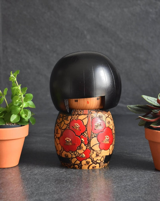 Creative Kokeshi By Kazuo Takamizawa wooden doll with Okapa bob haircut and red floral kimono