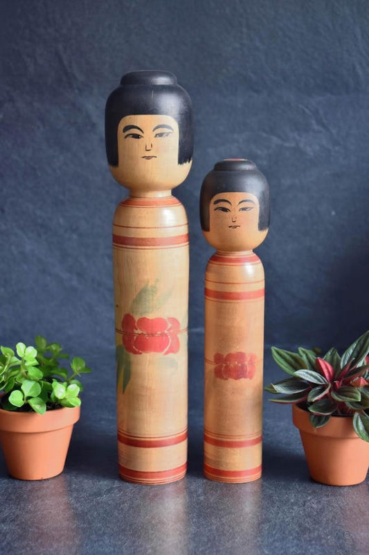 Tsugaru Kokeshi Pair By Zenji Sato With Camellia