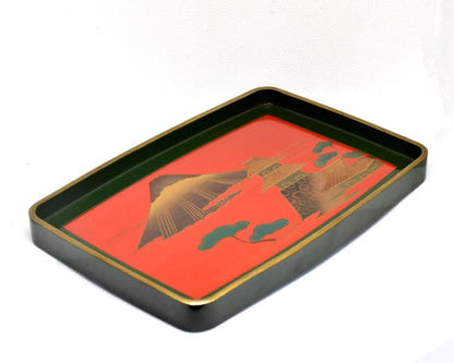 Japanese Lacquerware Tray: Mt. Fuji & Architecture vintage serving tray with gold and red design