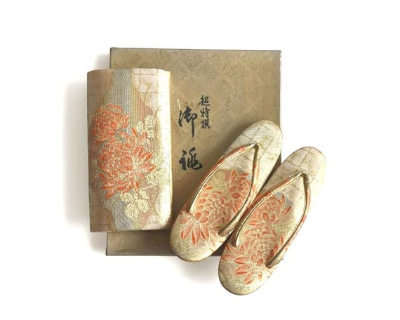 Gold Brocade Zori Sandals And Clutch Set