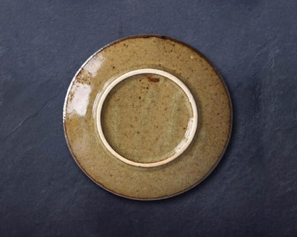 Karatsu-Yaki Botanical Plate back showing the speckled glaze and ring foot base