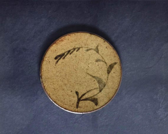 Karatsu-Yaki Botanical Plate Japanese ceramic tableware with hand-painted iron-brown brushwork