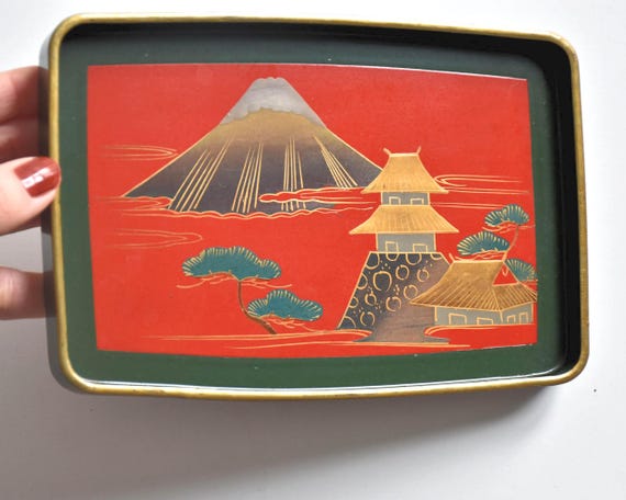 Japanese Lacquerware Tray: Mt. Fuji & Architecture shown next to a hand for scale