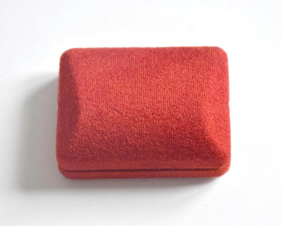 Vintage red velvet presentation box closed for Raden shell inlay brooch