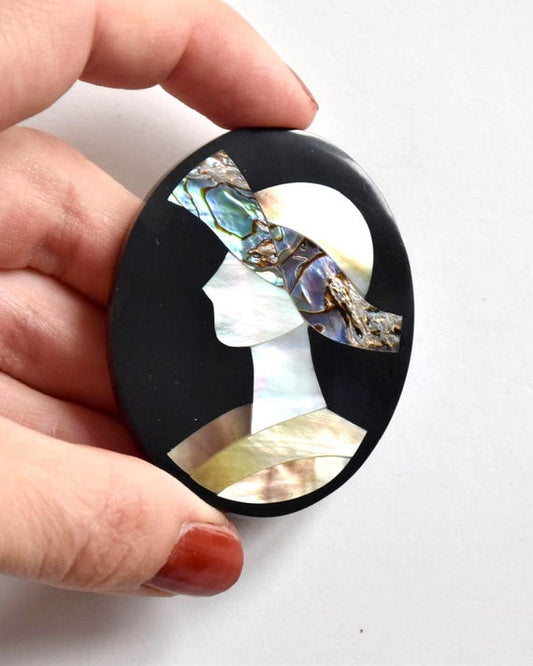 Raden Shell Inlay Woman Portrait Brooch