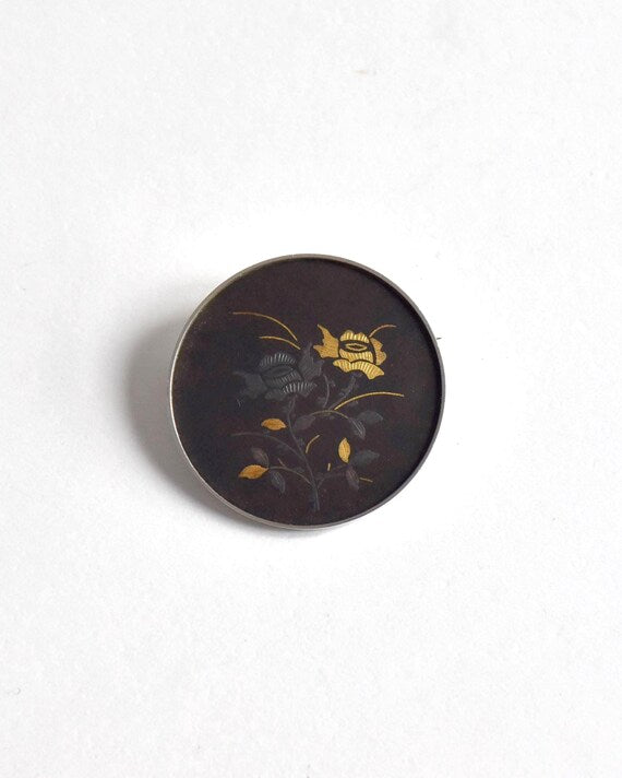 Amita Black Gold Damascene Floral Brooch