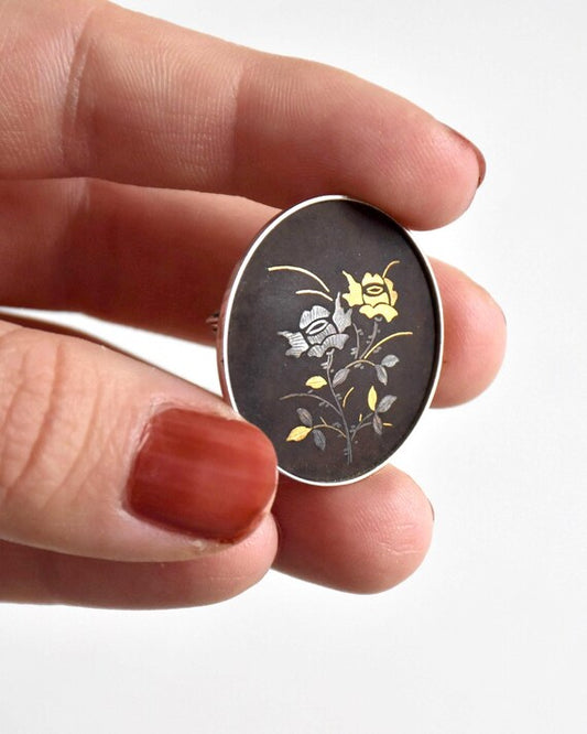 Amita Black Gold Damascene Floral Brooch
