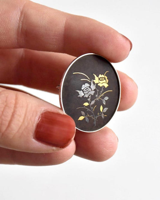 Amita Black Gold Damascene Floral Brooch