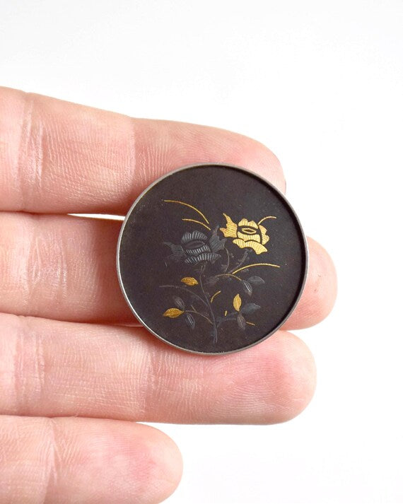 Amita Black Gold Damascene Floral Brooch