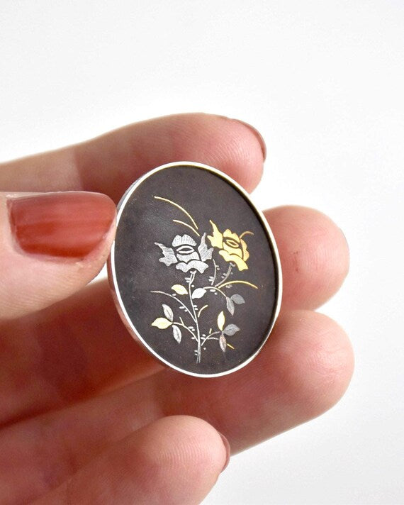 Amita Black Gold Damascene Floral Brooch