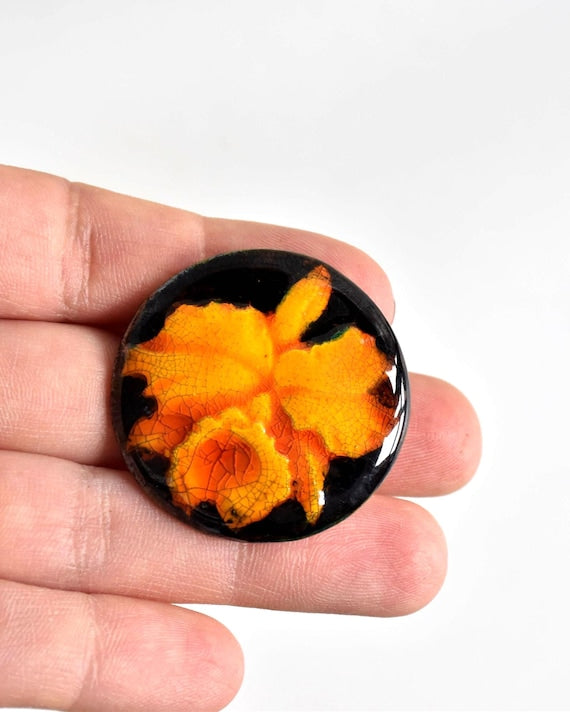 Kutani Ceramic Brooch Orange Floral