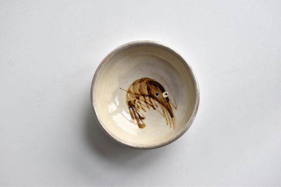 Japanese Ceramic Bowl Shrimp Motif inside view highlighting the hand-painted brown shrimp painted at the center