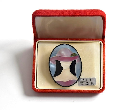 Raden Shell Inlay Brooch Woman With Hat in vintage Japanese presentation box