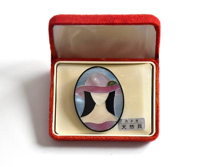 Raden Shell Inlay Brooch Woman With Hat in vintage Japanese presentation box