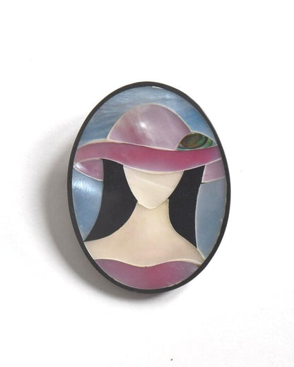 Raden shell inlay brooch pattern detail of woman in hat