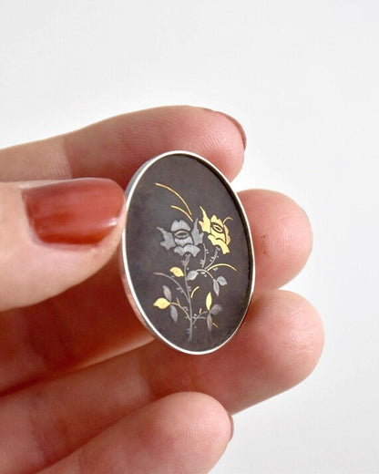 Amita Black Gold Damascene Floral Brooch
