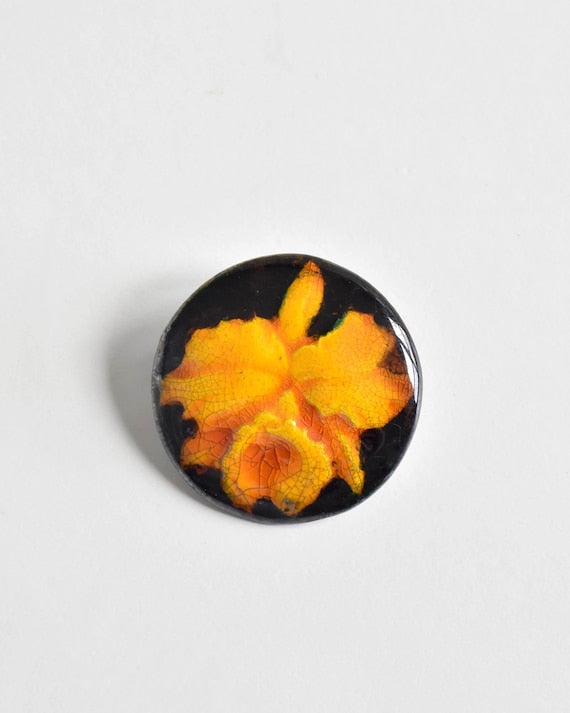 Kutani Ceramic Brooch Orange Floral