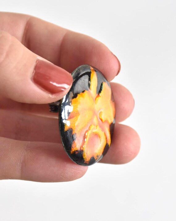 Kutani Ceramic Brooch Orange Floral