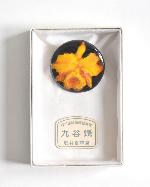 Kutani Ceramic Brooch Orange Floral