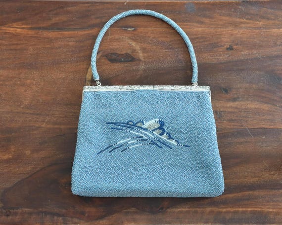 Japanese Blue Glass Bead Clutch showing the back side beadwork design