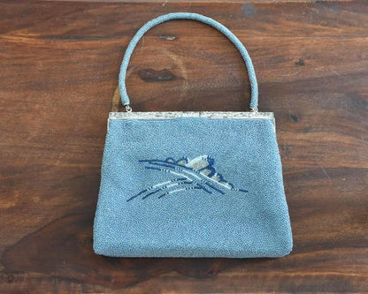 Japanese Blue Glass Bead Clutch showing the back side beadwork design