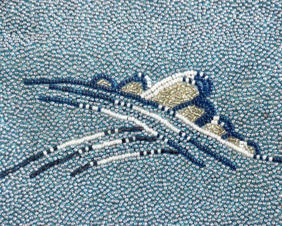 Japanese Blue Glass Bead Clutch showing a detailed close-up of the beaded pattern
