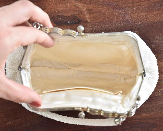 Japanese Floral Beaded Clutch Bag interior lined with smooth light cream-white fabric and slip pockets