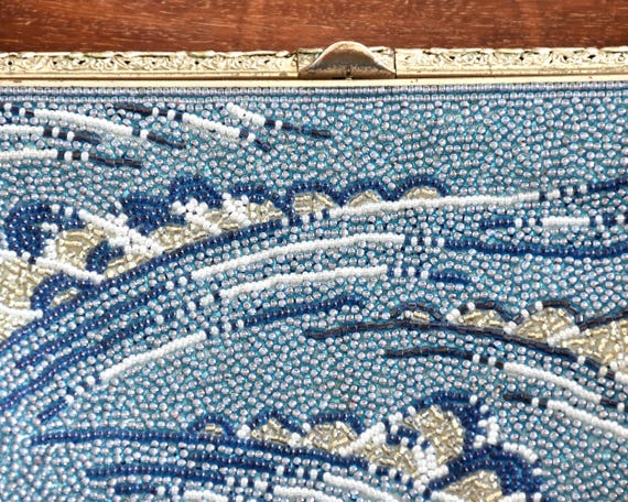 Japanese Blue Glass Bead Clutch showing a close-up of the metal frame and bead detailing