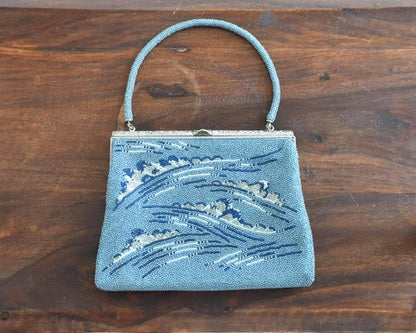 Japanese Blue Glass Bead Clutch with intricate glass seed bead pattern and metal kiss-lock frame