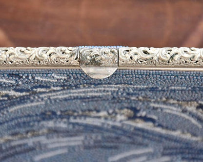 Japanese Blue Glass Bead Clutch showing a close-up of the ornate metal clasp
