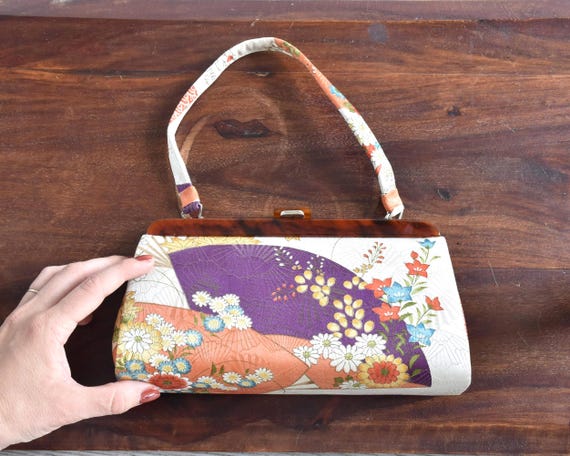 Japanese Fan & Floral Kimono Clutch