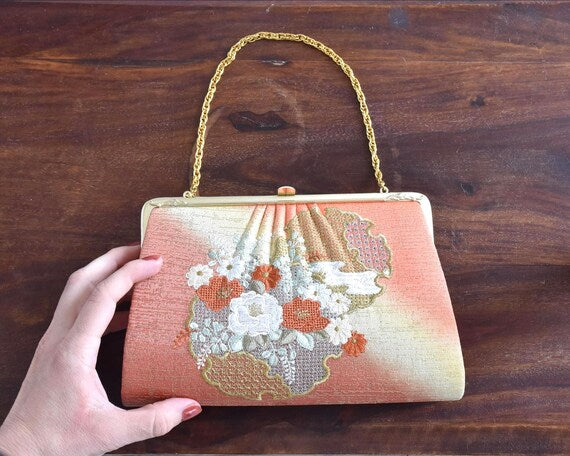 Japanese Kimono Clutch Floral Metal Frame