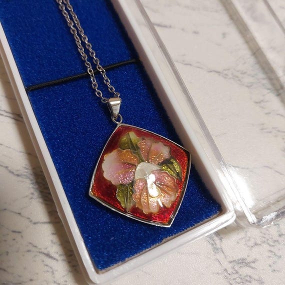 Japanese Cloisonne Floral Pendant Necklace in a white presentation box