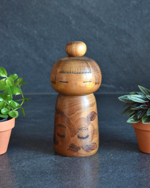 Kazuo Takamizawa Kokeshi Kantsubaki creative Japanese wooden doll with camellia blossom pattern