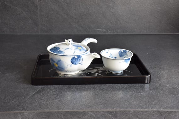 Japanese Black Lacquer Tray With Silver Orchid Inlay